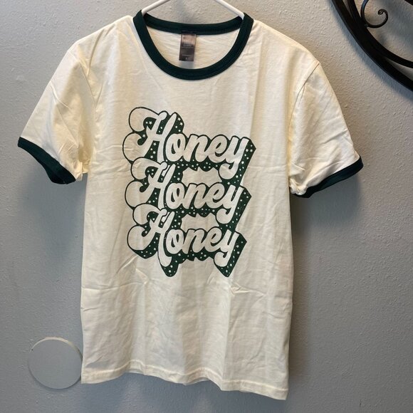 Sweet‎ Claire Womens Honey Graphic Ringer Tee 100% Cotton Ivory With Green - Picture 1 of 7